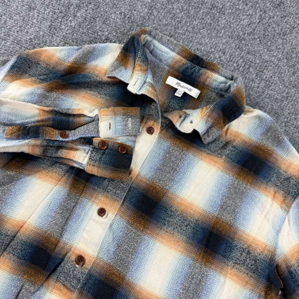 Madewell Flannel Shirt XXS Blue Brown Plaid Oversized Button Down Womens